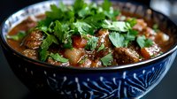 Hearty beef stew with tender meat chunks, carrots and potatoes in rich brown gravy, garnished with fresh parsley in decorative blue ceramic bowl.
