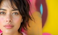 Close-up portrait of young woman with green eyes and tousled dark hair against vibrant colorful background with yellow and red tones.