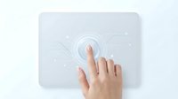 Hand touching futuristic holographic interface with glowing circular button and connecting lines on transparent digital display for technology concepts.