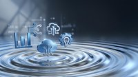 Digital transformation concept with glowing technology icons floating above rippling water surface in modern corporate environment.