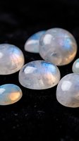 Luminous moonstone gemstones with iridescent blue flash adularescence on black surface for jewelry making and crystal healing practices.