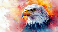 Majestic bald eagle head portrait with intense gaze against vibrant watercolor background of orange, pink and blue splashes, artistic wildlife illustration.