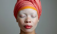 Young African woman wearing coral pink turban with gold accent band, eyes closed peacefully, wearing bright red lipstick against neutral background.