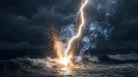 Dramatic lightning bolt strikes turbulent ocean waves creating explosive splash with sparks and smoke against stormy dark sky for powerful nature concepts.