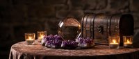 Mystical fortune telling setup with crystal ball, amethyst crystals, wooden treasure chest and glowing candles on rustic table against brick wall background.