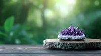 Raw amethyst crystal cluster on wooden slice against blurred green forest background, creating mystical natural atmosphere for wellness and spiritual concepts.