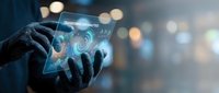 Businessman hands holding futuristic holographic interface with digital technology icons and data visualization in modern office environment.