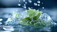 Fresh lime slice splashing in crystal clear water with dynamic droplets and bubbles against dark blue background, macro photography.