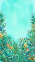 Ornamental floral border with gold leaf accents and turquoise watercolor background, isolated design element suitable for invitations, greeting cards, and decorative projects.