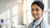 Professional South Asian female doctor smiling confidently in modern hospital corridor wearing white coat and stethoscope for healthcare marketing.