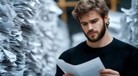 Young Caucasian bearded man in black sweater reading document with serious expression against blurred background of stacked papers, representing business or legal concept.