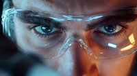 Close up view of intense blue eyes seen through protective safety glasses with dramatic orange and blue lighting creating scientific laboratory atmosphere.