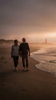Mature couple walking hand in hand on beach at sunset with lighthouse in background, romantic golden hour atmosphere creating peaceful coastal scene.