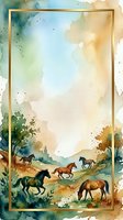 Watercolor illustration of horses grazing in pastoral landscape with golden frame border, soft blended washes in warm and cool tones, ideal for equestrian designs and nature-themed projects.