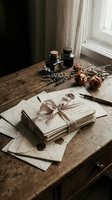 Vintage love letters tied with ribbon on rustic wooden table with dried roses, ink bottles and fountain pen creating romantic nostalgic atmosphere.