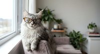 Gray tabby cat wearing eyeglasses sitting on windowsill in modern home interior with houseplants creating cozy domestic atmosphere for pet care concepts.