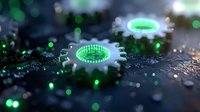 Glowing green gear shapes on circuit board with bokeh effects create futuristic technology concept. Digital transformation and innovation background with neon lights.
