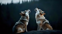 Two majestic wolves howling together against dark forest silhouette background, dramatic moody nature scene with wild predators in twilight atmosphere.