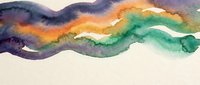 Colorful watercolor wave with purple, orange, and teal hues blending on white paper, creating an abstract artistic background for design projects.