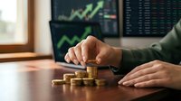 Professional investor stacking golden coins with financial charts displaying growth trends on computer screens in modern office environment.
