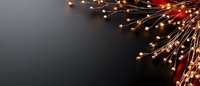 Glowing copper wire branches with warm LED lights create magical sparkles against dark background, festive holiday decoration concept for banners and cards.