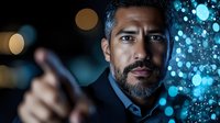 Middle Eastern businessman pointing forward with confident expression against blue bokeh lights background, modern corporate portrait in dark setting.