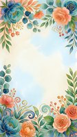 Watercolor floral frame with teal and coral roses, eucalyptus leaves, and berries on cream background. Isolated design perfect for invitations, greeting cards, and wedding stationery templates.