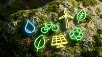 Neon eco-friendly symbols including water drop, bicycle, cross, leaves, solar panel and recycling sign glowing on moss-covered stone for sustainability and environmental awareness campaigns.