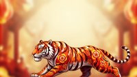 Majestic orange tiger with ornate golden patterns prowling through mystical fire background for fantasy art projects and spiritual designs.