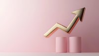 Golden arrow graph rising upward over pink cylindrical pedestals against soft pink background, symbolizing business growth and success in modern minimal style.