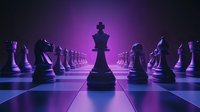 Chess king piece standing tall among knights and pawns on illuminated board with dramatic purple lighting, symbolizing leadership and strategy in gameplay.