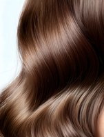 Luxurious wavy brown hair close-up showing smooth, glossy texture and natural highlights. Professional hairstyling and hair care advertising background.