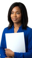 Professional African American woman in blue shirt holding blank white clipboard against white background, suitable for corporate, business, and office design projects.