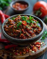 Spicy homemade chili sauce with fresh herbs and red chilies served in rustic ceramic bowl, perfect for Mexican and Asian cuisine, food photography for restaurant menu.