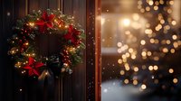 Festive wreath with red bows and twinkling lights adorns wooden door, blurred Christmas tree lights create magical bokeh effect in background, cozy holiday atmosphere.