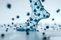 Translucent foot silhouette filled with molecular structure and floating particles in blue tones against light background, representing medical or scientific concept.
