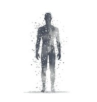 Male silhouette dissolving into particles against white background, monochromatic gray figure standing in contemplative pose creates surreal atmospheric effect.