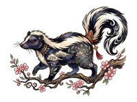 Decorative skunk with ornate patterned body and flowing tail, surrounded by pink flowers and botanical elements on white background, suitable for apparel and design projects.