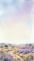 Lavender fields stretch across rolling hills with cypress trees and farmhouse in distance, watercolor landscape painting with soft purple, golden, and blue tones, ideal for home decor and travel themes.