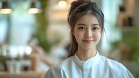 Young Asian woman with updo hairstyle smiling in bright cafe setting, wearing white mandarin collar blouse against blurred background.