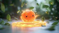 Glowing orange magical creature with cute smile floating above luminous circular rings, surrounded by green leaves and sparkles in mystical forest atmosphere.