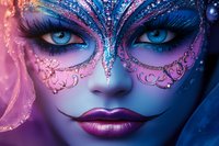 Mesmerizing blue eyes with ornate glitter mask makeup in pink and turquoise hues against dark background, dramatic artistic cosmetics featuring swirling patterns and sparkles.