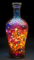 Decorative glass bottle with stained glass mosaic pattern in vibrant sunset colors from blue to orange, illuminated from within against dark background.