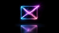 Glowing neon envelope icon with blue and pink gradient light effect on dark background, reflection below. Modern minimalist communication symbol.