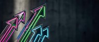 Colorful neon arrows pointing upward against dark background representing growth, success, progress and business development concepts for presentations.