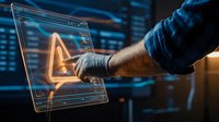 Caucasian male hand touching glowing warning alert symbol on digital tablet screen with data code background for cybersecurity and system notification concepts.