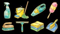 Cleaning supplies collection with spray bottle, bucket, mop, scrub brush, duster, squeegee, sponges and dustpan isolated on transparent background. Ready for t-shirt designs, clipart, stickers, print-on-demand products and sublimation projects.