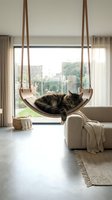 Fluffy tabby cat sleeping in a modern wooden hanging swing chair in a bright Scandinavian living room with large windows and neutral decor.