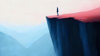 Silhouette of lone person standing on cliff edge against pink sunset sky and blue mountain landscape, minimalist artistic composition for meditation and solitude themes.