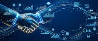 Digital handshake with glowing data analytics charts and graphs representing business partnership, technology collaboration and financial growth.